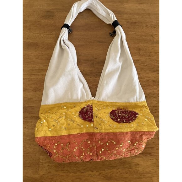 Handcrafted Boho Shoulder Bag With Sequin & Embroidery Accents Button Closure - Picture 8 of 9